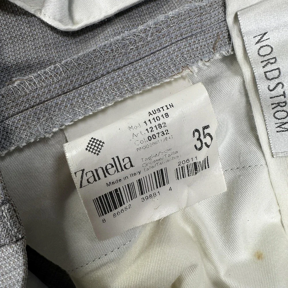 Zanella Austin Dress Pants Mens 35x28 Gray Check Pleated Cuffed Made In Italy